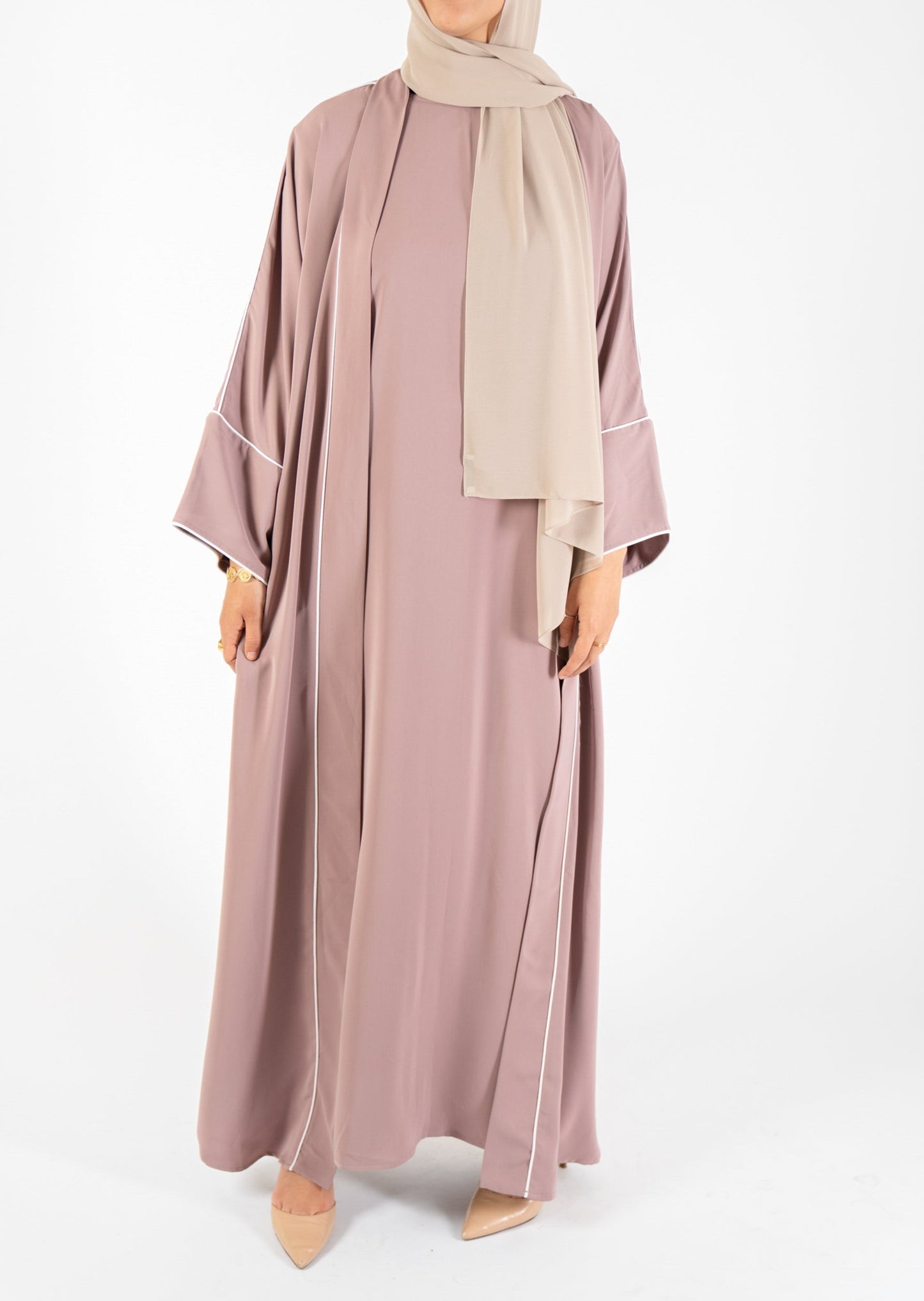 Pink abaya set. Modest pink abaya. Abaya clothing. light and flowy abaya set. pink abaya with white piping. sydney abayas. australia abayas.