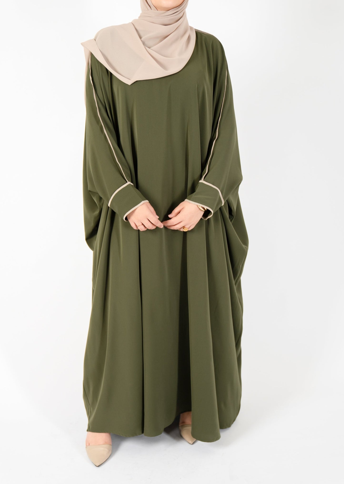 Khaki green abaya. Kaftan style abaya. bat wing abaya. breezy abaya. flowy modest hijabi abaya. set. Modest and affordable hijab and abaya. Pretty abaya. Proper hijabi abaya.Dubai abaya. Australian abaya. Sydney abayas.