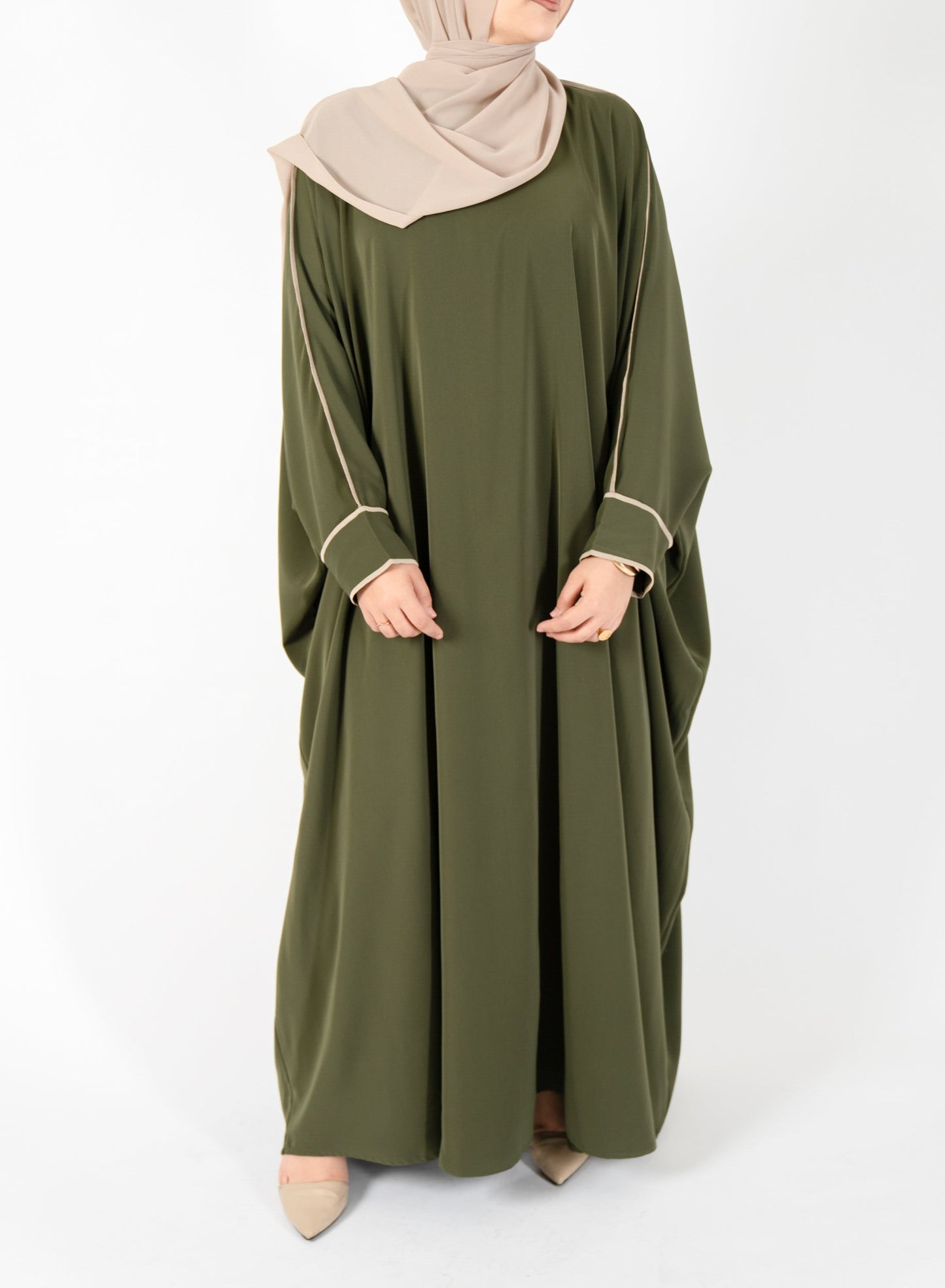 Khaki green abaya. Kaftan style abaya. bat wing abaya. breezy abaya. flowy modest hijabi abaya. set. Modest and affordable hijab and abaya. Pretty abaya. Proper hijabi abaya.