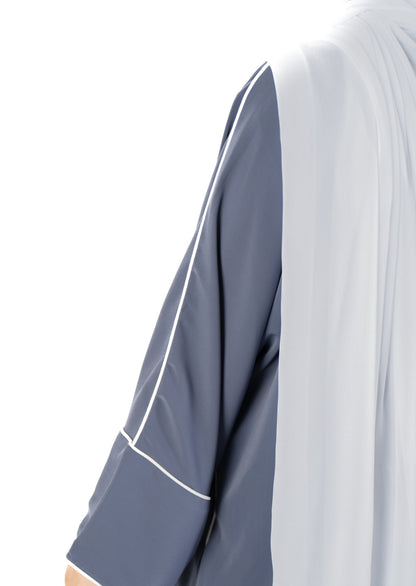 Denim blue colour abaya set. Thin material sleeveless abaya with pretty abaya wrap. Elegant abaya SYdney. Modest hijabi abaya. 